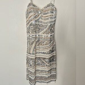 Y2K Scala Sequin Mini Dress Size 0 Strapless Beaded Glam White Gold Metallic